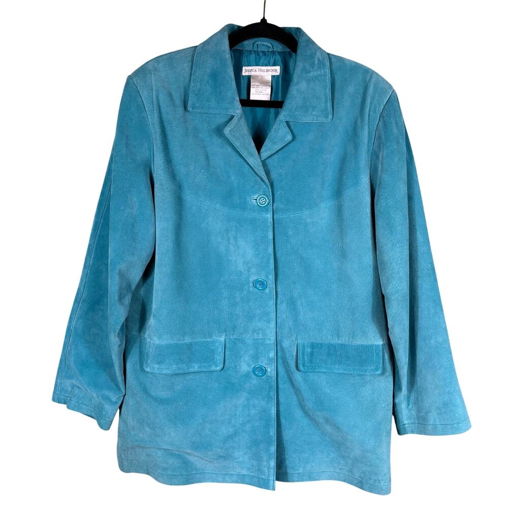 Jessica Holbrook‎ Suede Jacket Women Large Turquoise Excellent Leather Blazer
